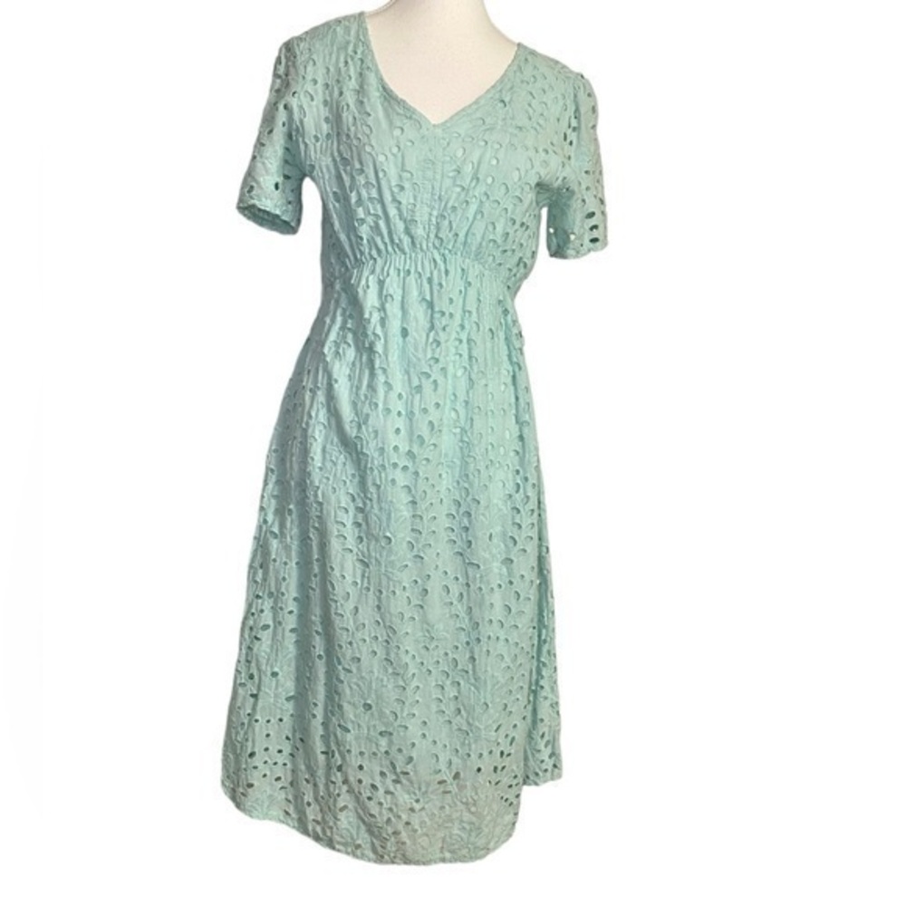 Valentina Naldi Eyelet V-Neck Short Sleeve Lined A-Line Dress Summer Italy